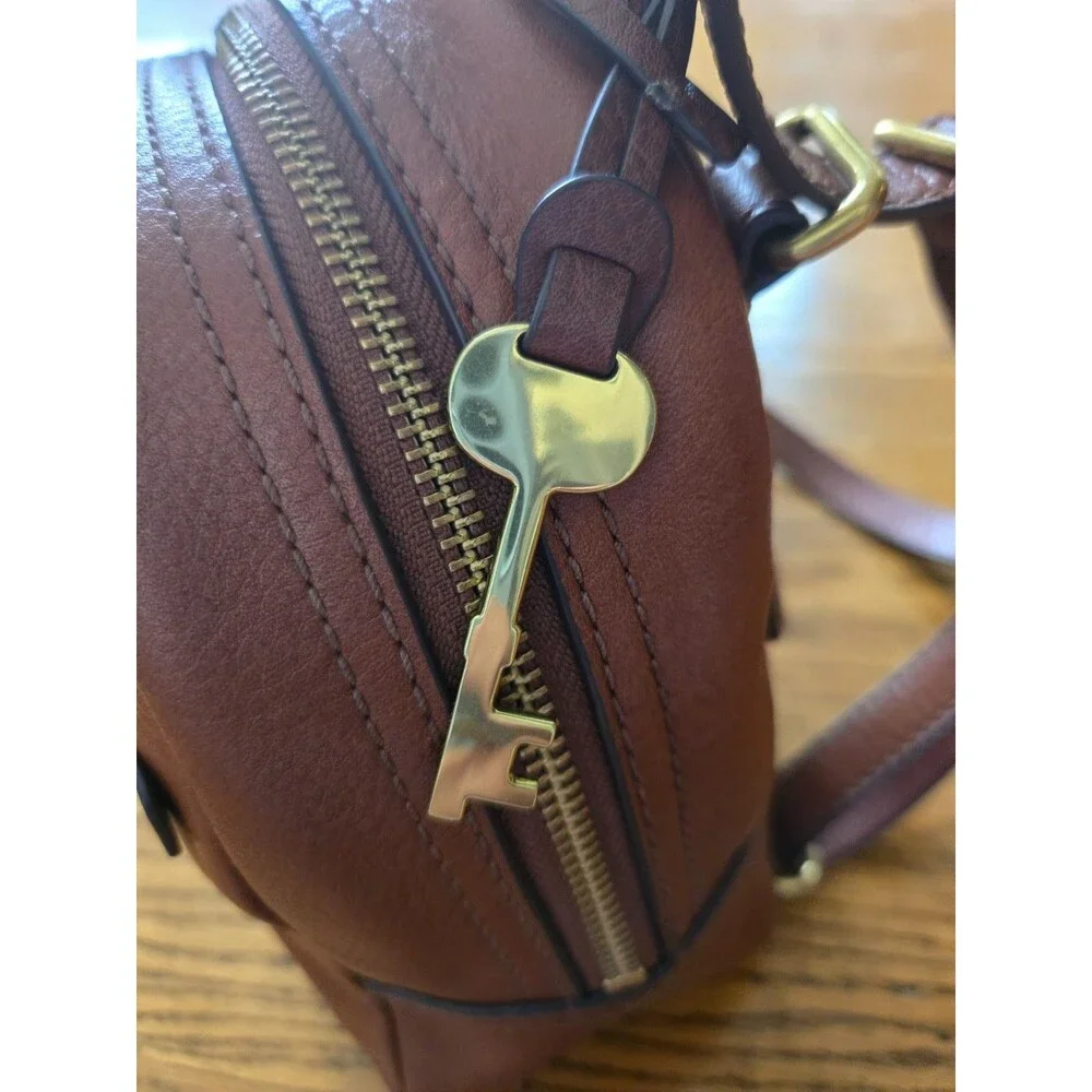 Fossil Megan Brown Leather Mini Small Backpack Purse Zipper Pockets Bag Charm